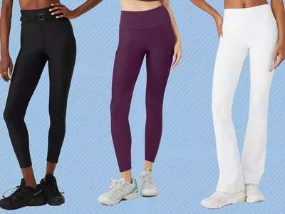 Three people wearing different Alo Leggings we recommend displayed on a blue striped background 