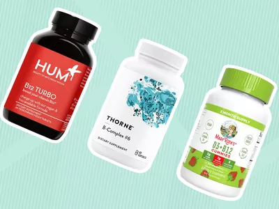 Assortment of B12 supplements we recommend for vegans and vegetarians displayed on a blue striped background