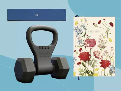 Collage of fitness gifts we recommend on a blue background