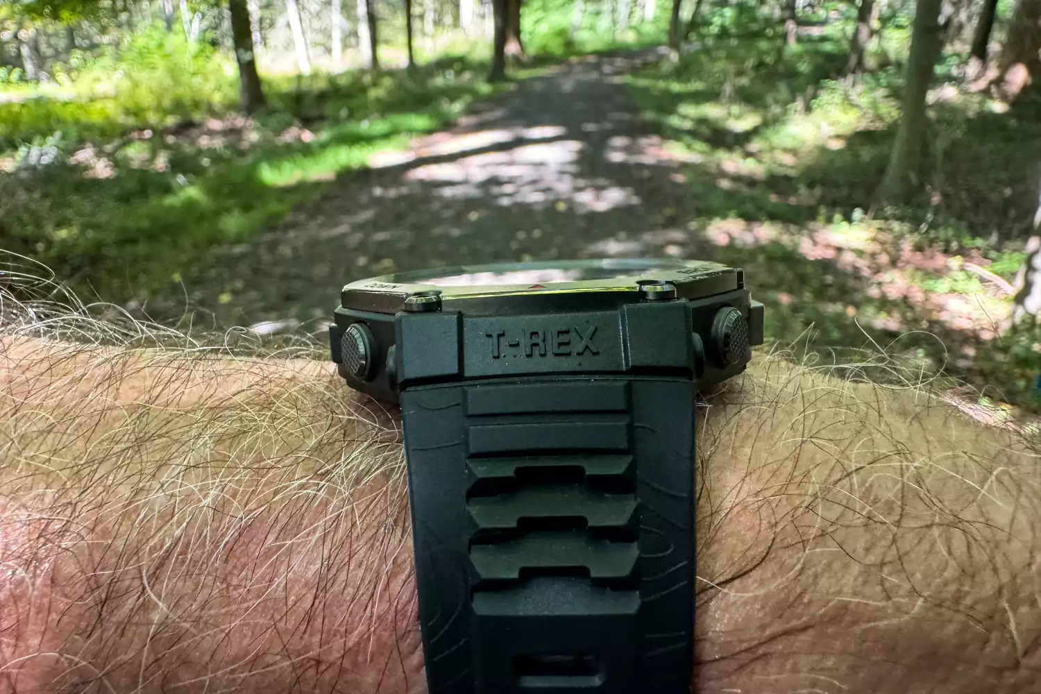A person wears the Amazfit T-Rex 3 Smartwatch
