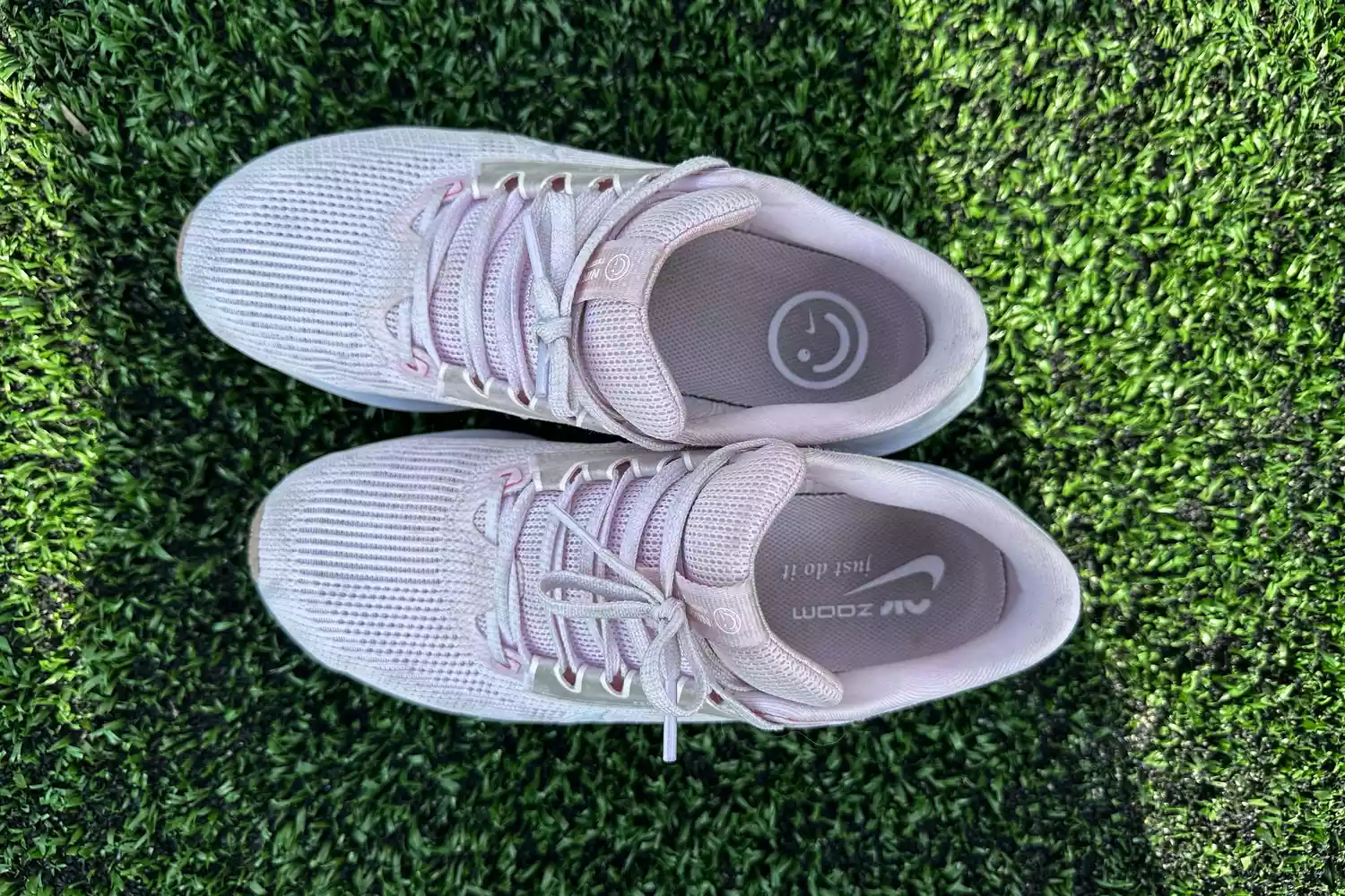 A top-view of Nike Womenâs Pegasus 40 shoes on grass