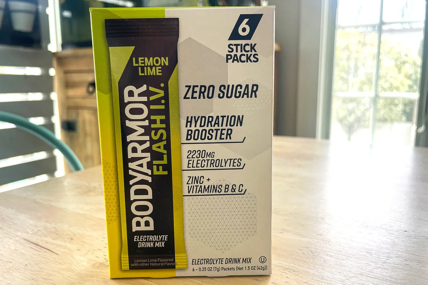 BodyArmor Flash IV Lemon Lime sixpack electrolyte drink mix on a table
