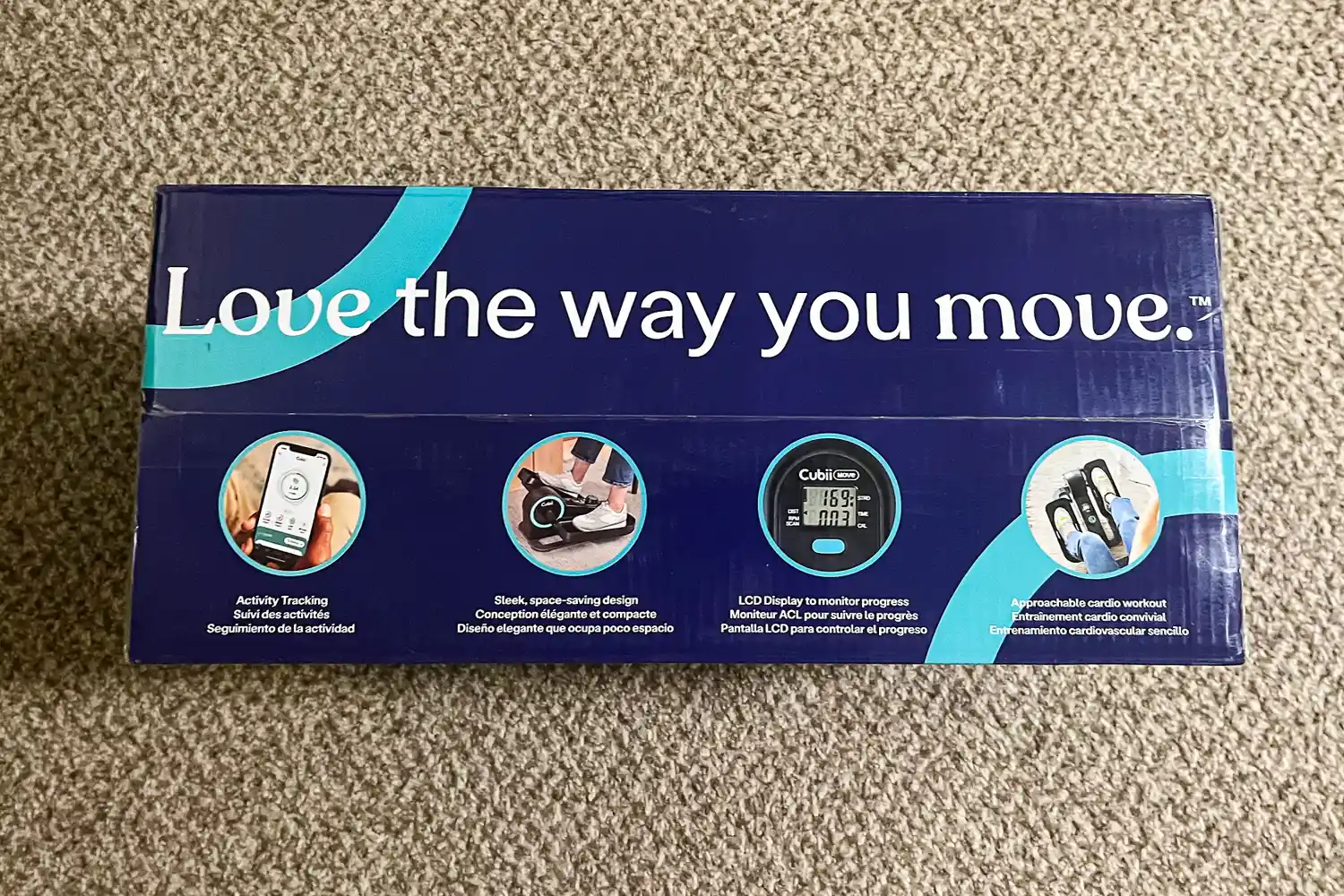 The top of the Cubii Move Under Desk Elliptical Bike box