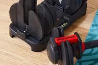 FitRx SmartBells Set Quick Select Adjustable Dumbbells next to its stand on wood floor