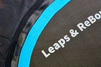A close-up of the logo on the Leaps and Rebounds Mini Fitness Trampoline and Rebounder