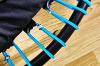 A close-up of the details on the Leaps and Rebounds Mini Fitness Trampoline and Rebounder