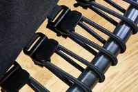 A close-up of the straps and metal of the Sunny Health & Fitness 36 Inch Indoor & Outdoor Exercise Trampoline