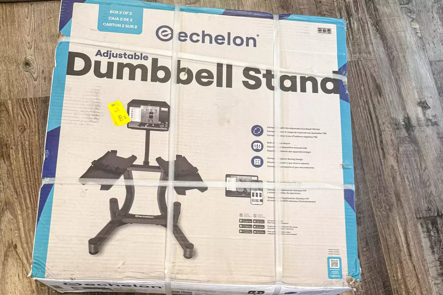 The box for the Echelon Strength Adjustable Dumbbells 752 with Stand