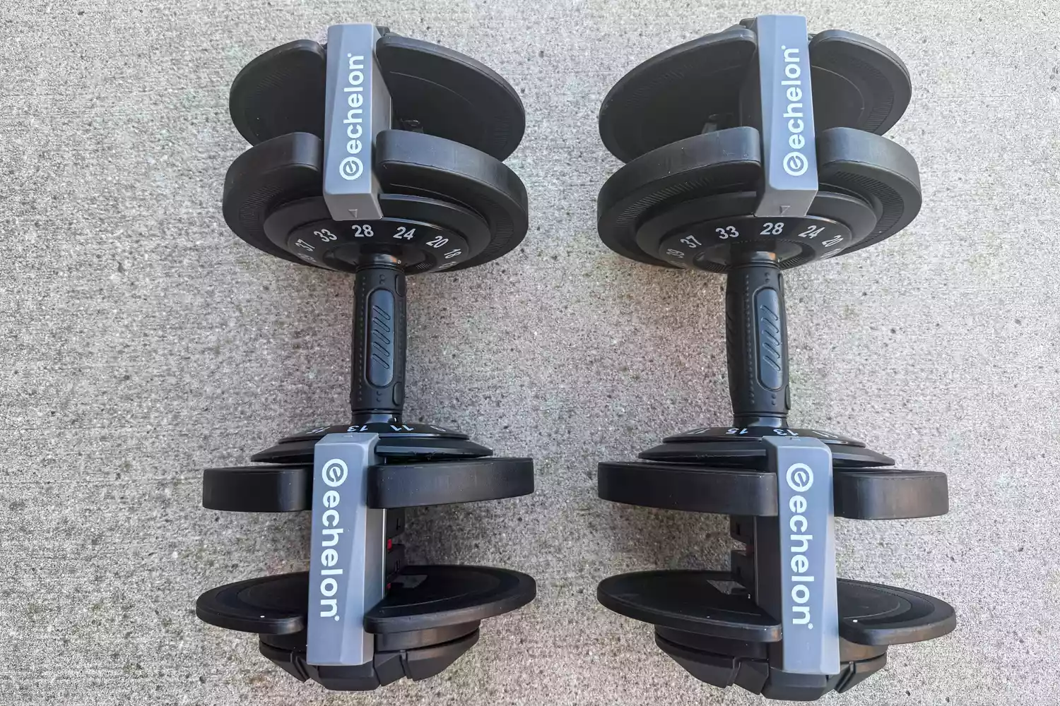 An overhead view of the Echelon Strength Adjustable Dumbbells 752 with Stand