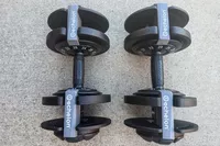 An overhead view of the Echelon Strength Adjustable Dumbbells 752 with Stand