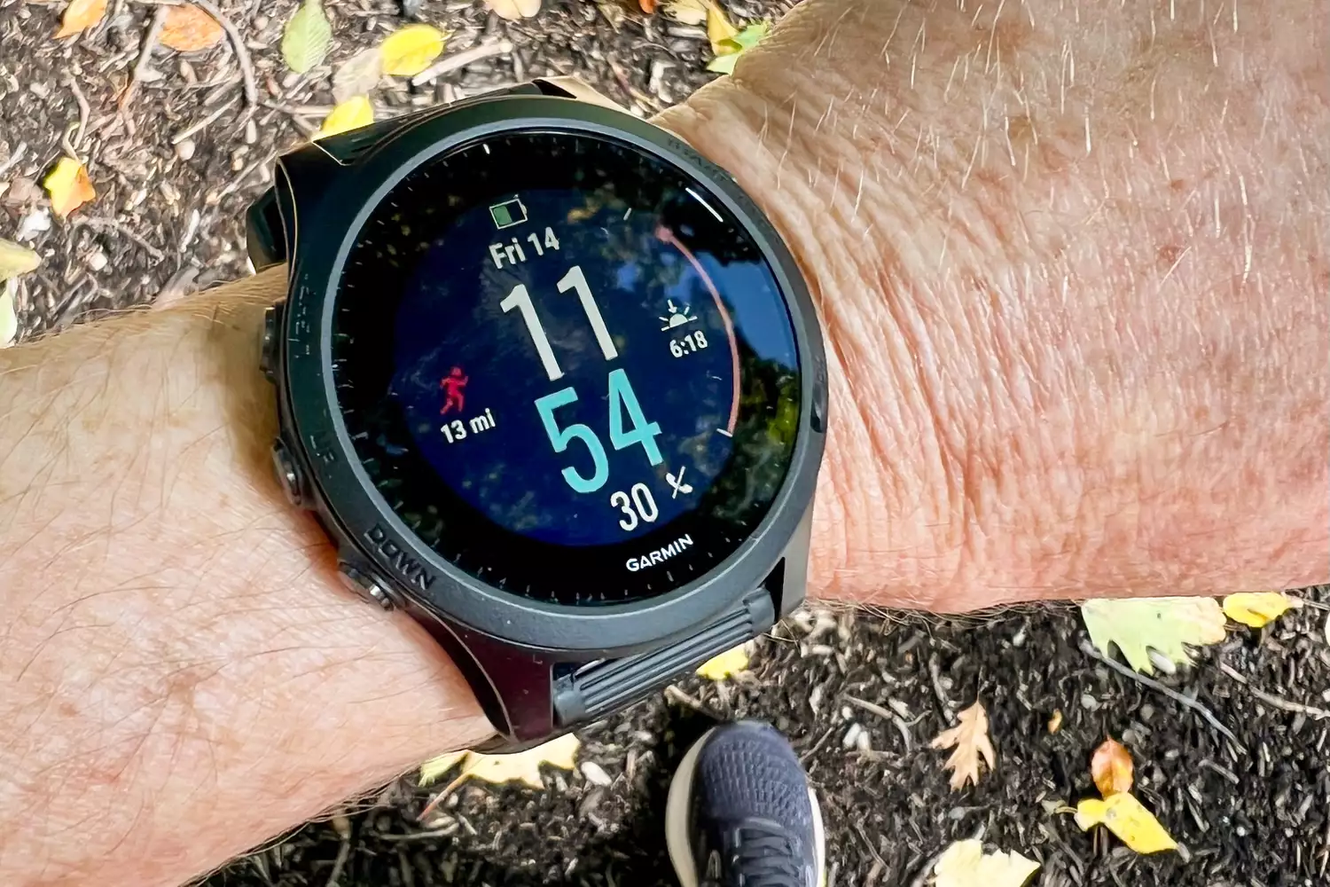 Closeup of person wearing Garmin Forerunner 55 on wrist