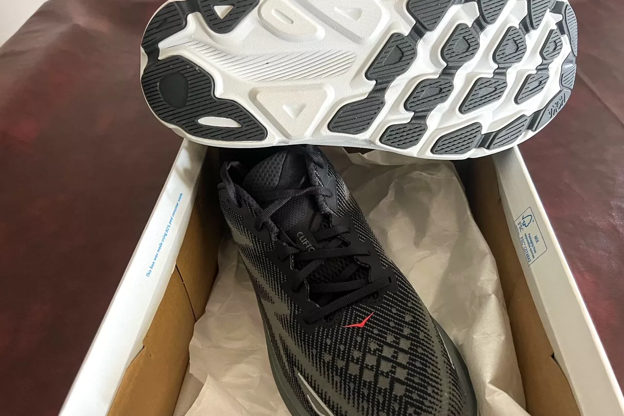 The treads on the bottom of the Hoka Men's Clifton 9 Running Shoes