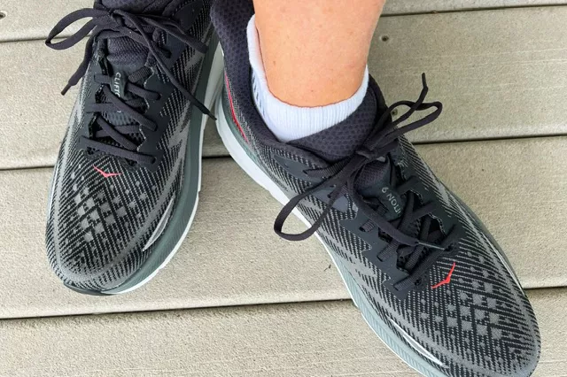 An overhead view of a person wearing the Hoka Men's Clifton 9 Running Shoes