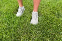 A person walks through grass while wearing the Hoka's Men's Gaviota 5 Running Shoes