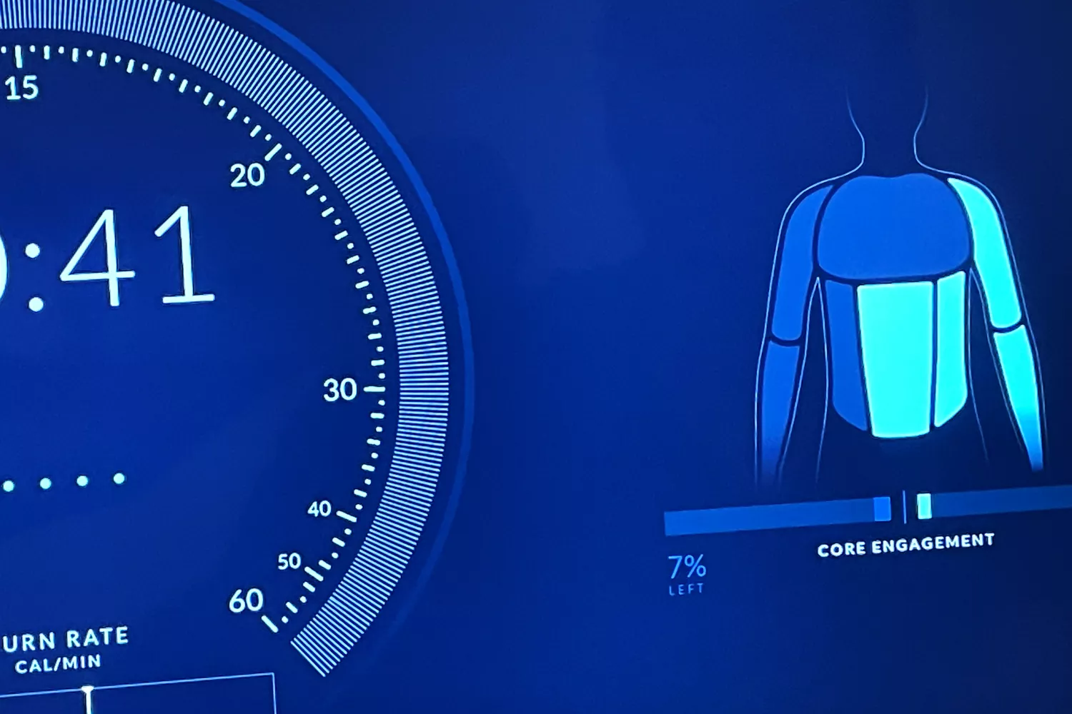 Close up of the Bowflex VeloCore Bike display screen of exercise results