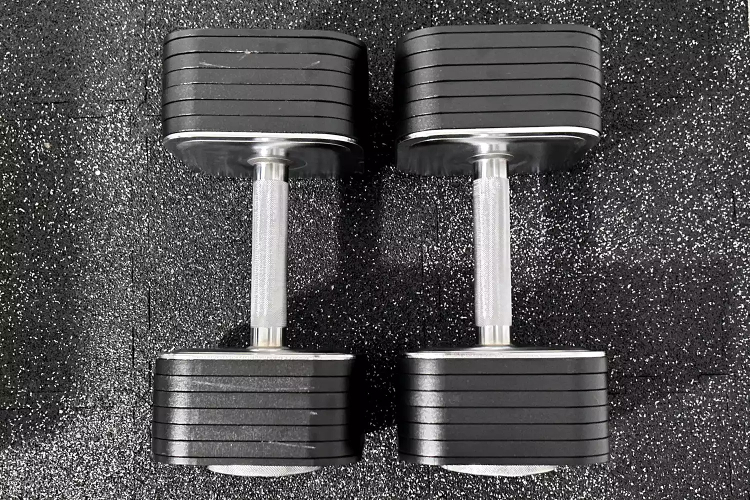 An overhead view of the Ironmaster Quick-Lock 75 lb Adjustable Dumbbell System Set