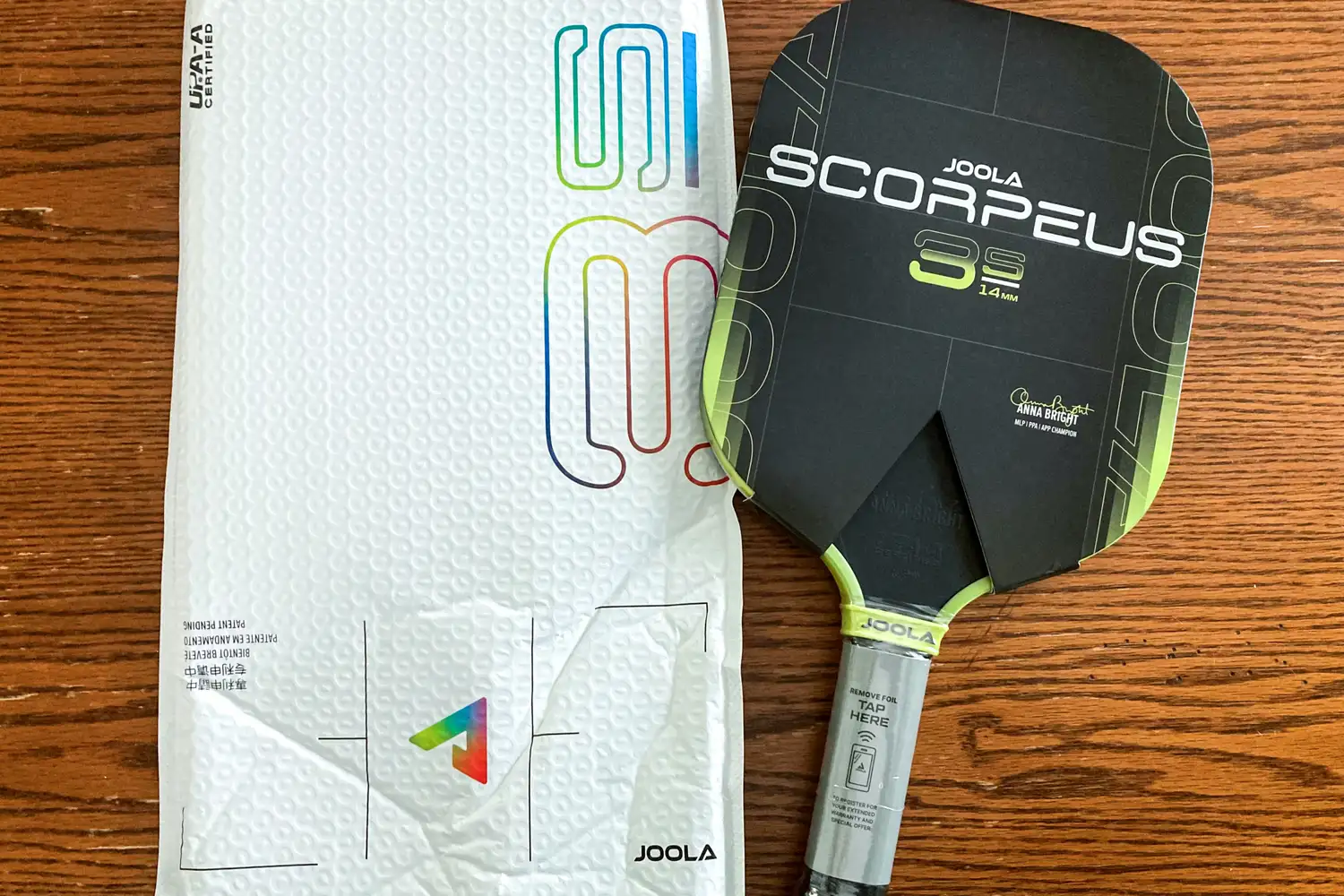 The JOOLA Anna Bright Scorpeus 3S 14mm Pickleball Paddle in paper packaging