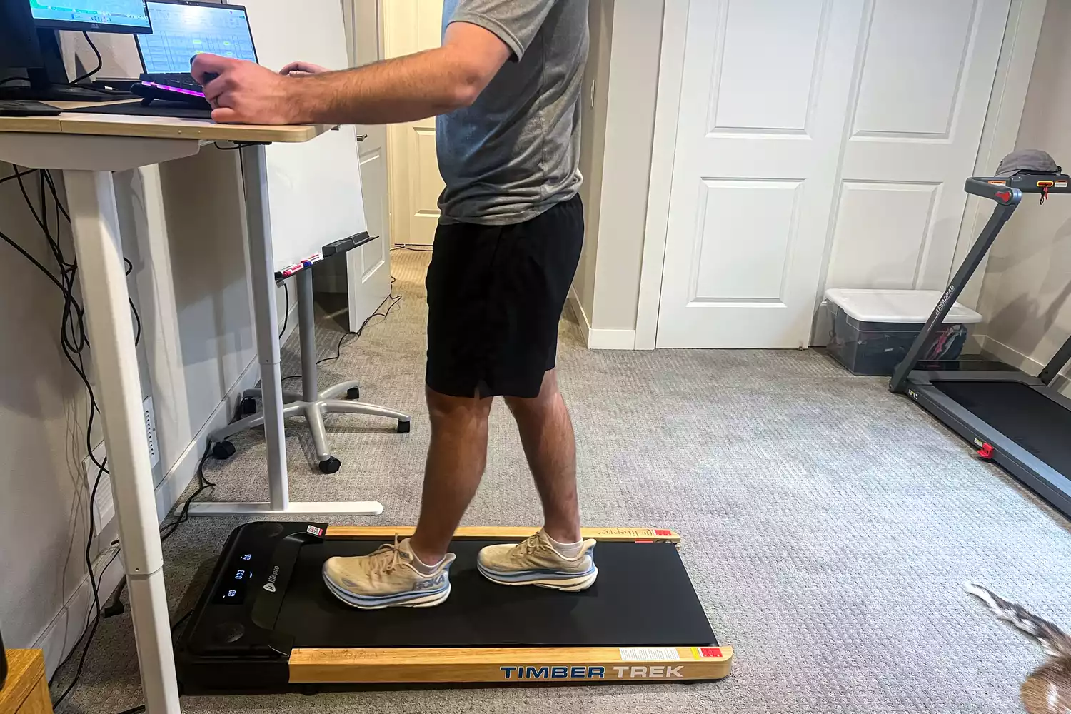 A person walking on the LifePro TimberTrek Treadmill while using a standing desk