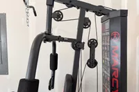 A close-up of the pulley on the Marcy MWM-989 150 lb Stack Weight Home Gym