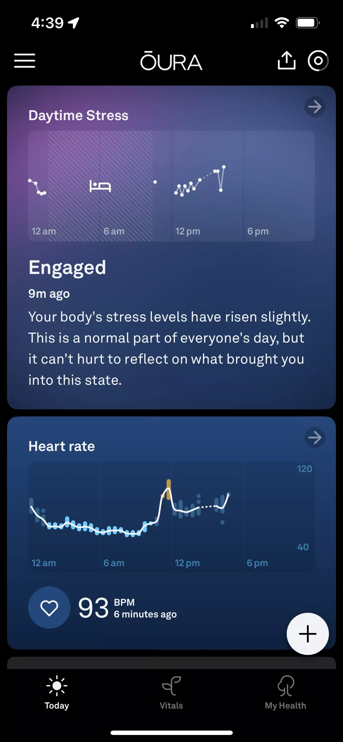 The digital display on the Oura Ring 4 app