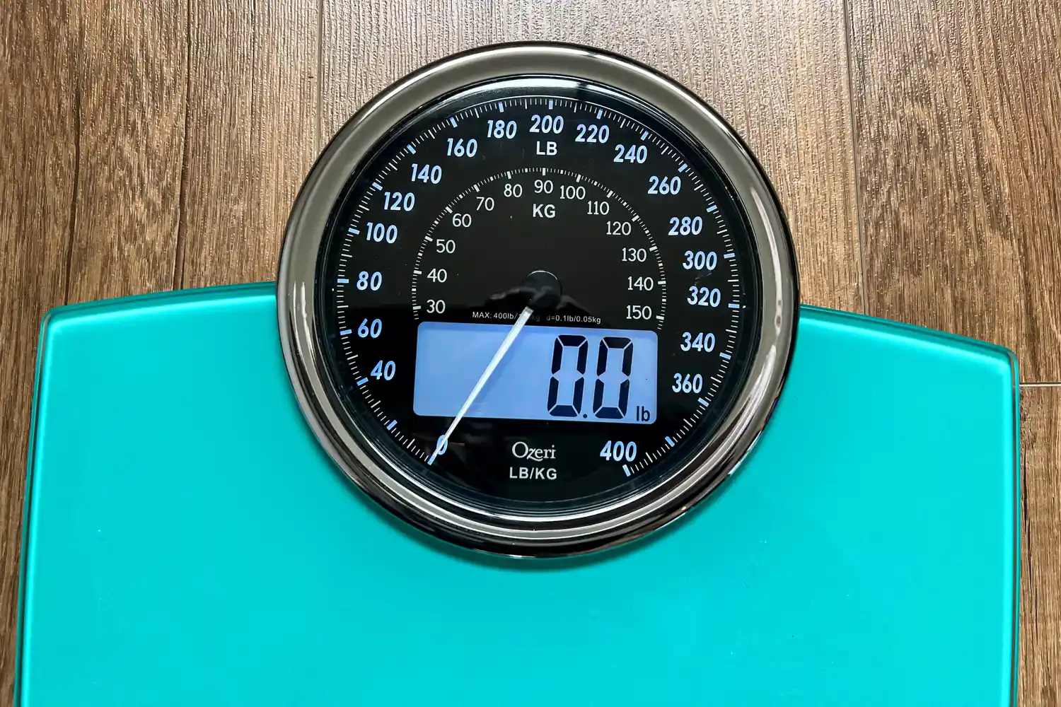 The digital and analog display on the Ozeri Rev 400 lbs Bathroom Scale