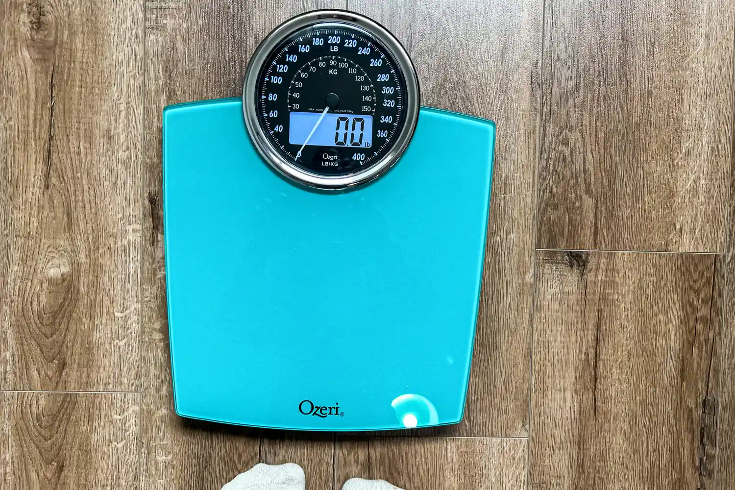 An overhead view of the Ozeri Rev 400 lbs Bathroom Scale