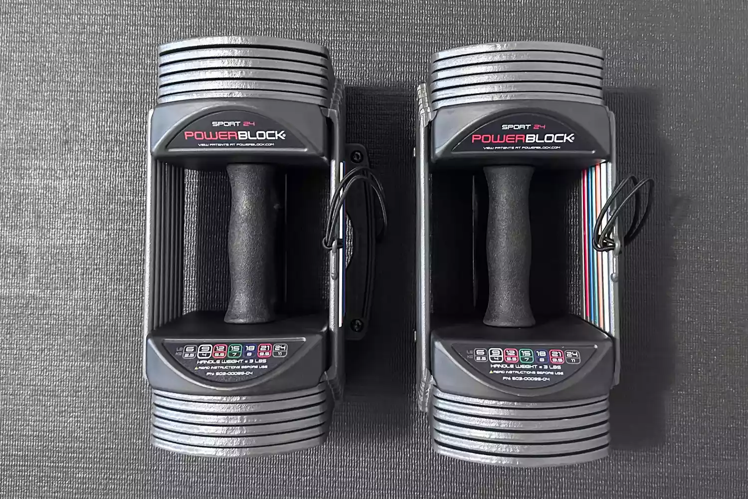 An overhead view of the POWERBLOCK Sport 24 Adjustable Dumbbell