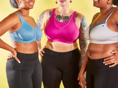 Three people wearing sports bras we recommend for large breasts displayed on a yellow background