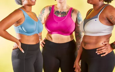 Three people wearing sports bras we recommend for large breasts displayed on a yellow background