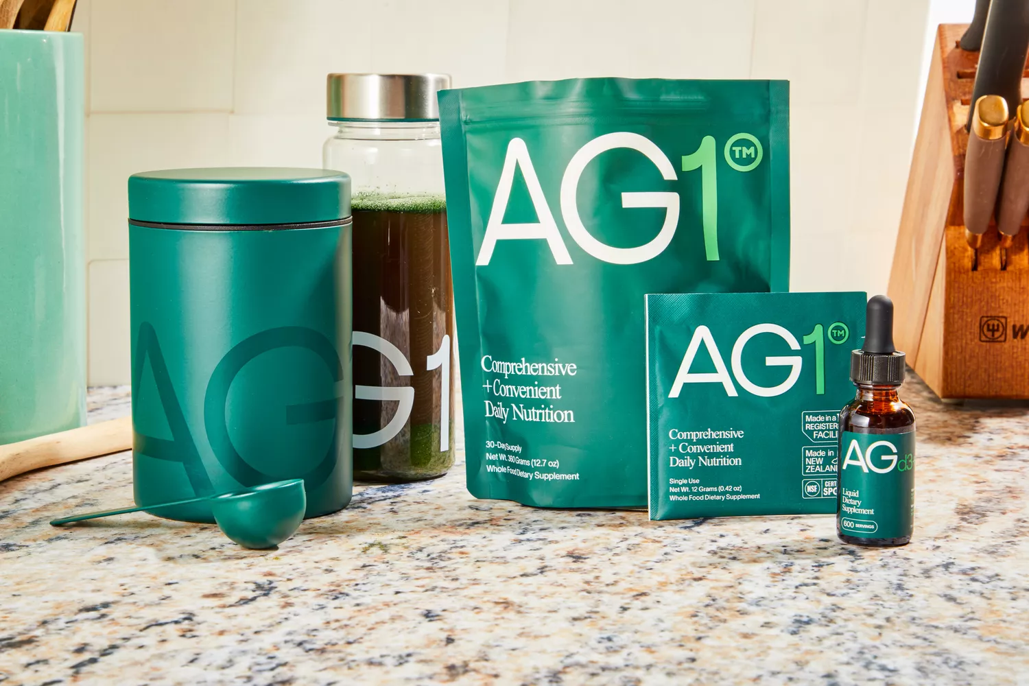AG1 by Athletic Greens sitting on counter