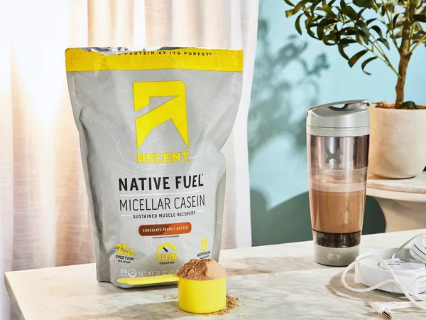 Ascent Native Fuel Chocolate Peanut Butter Micellar Casein Protein Powder in a scoop next to its container and blender bottle