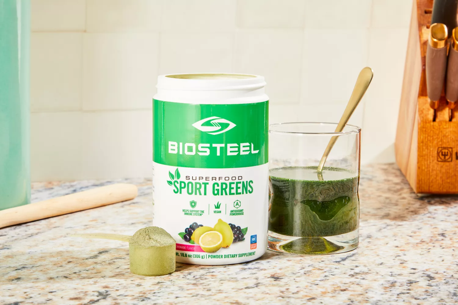 BioSteel Powdered Greens Antioxidant Superfood displayed on speckled counter