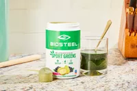 BioSteel Powdered Greens Antioxidant Superfood displayed on speckled counter