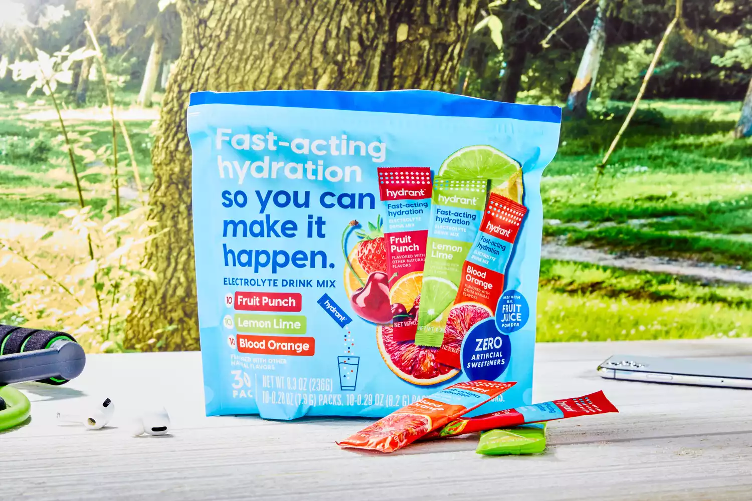 Hydrant Hydrate Hydration Drink Mix packaging on a wooden outdoor table