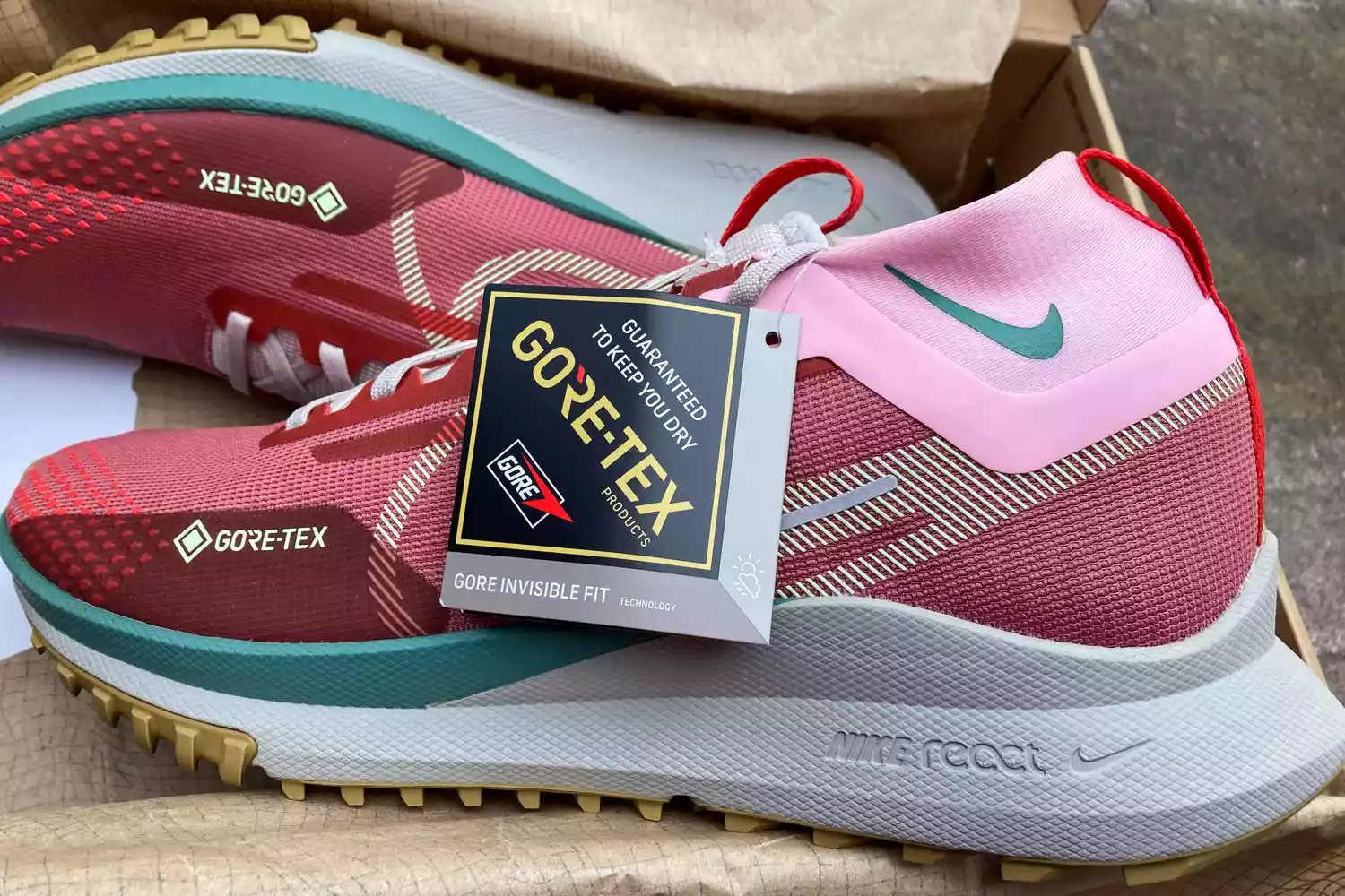 Closeup of Nike Women's Pegasus Trail 4 GORE-TEX in shoe box