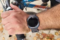 A person wears the Samsung Galaxy Watch Ultra while biking