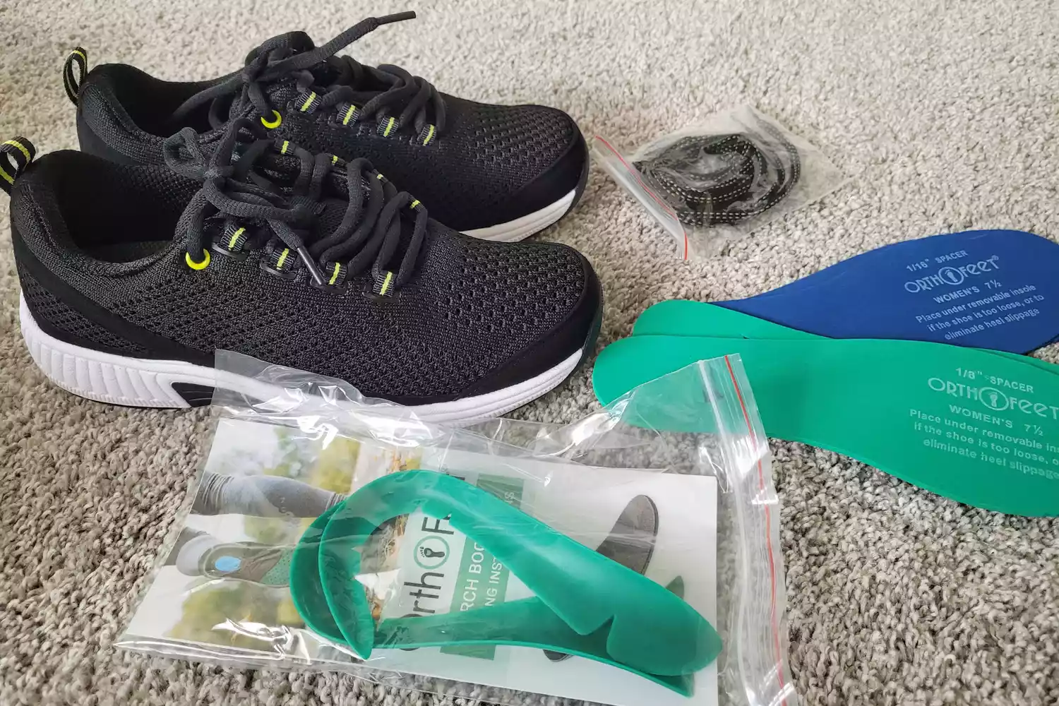 Orthofeet Women's Coral Stretch Knit Shoes with Orthofeet insoles and orthotics on carpet