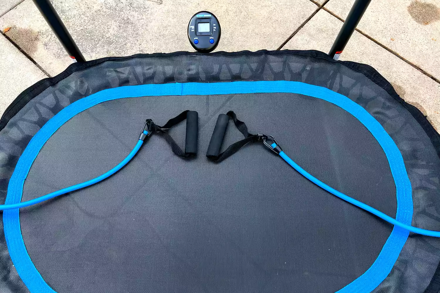 The resistance bands attached to the Stamina Oval Fitness Trampoline
