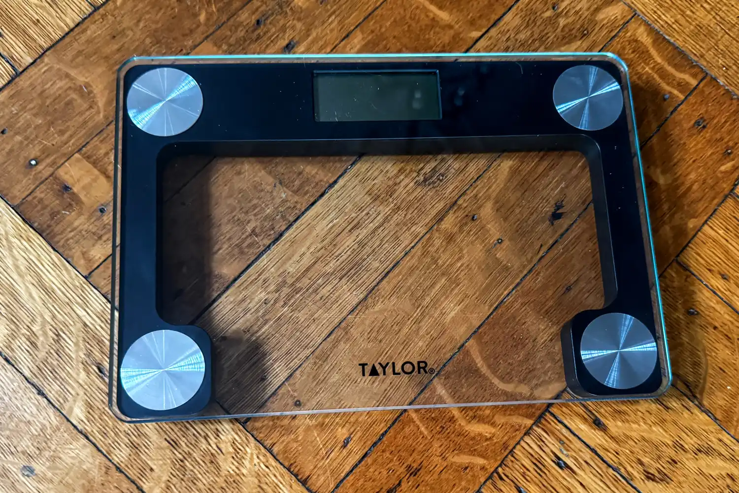 The Taylor Digital Compact Scale with Travel/Storage Tote on a wooden floor