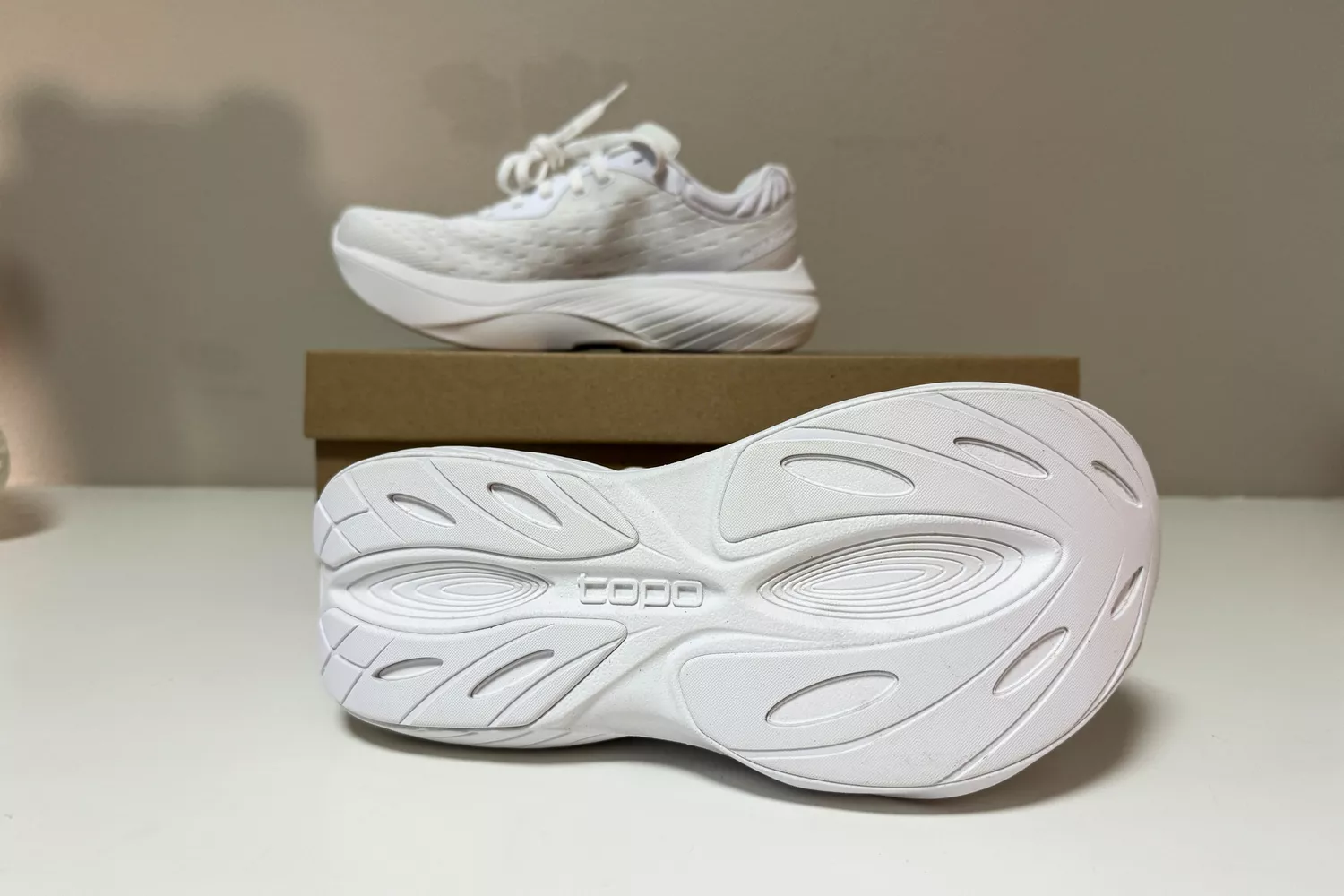 The treads on the bottom of the Topo Athletic Women's Atmos Running Shoes