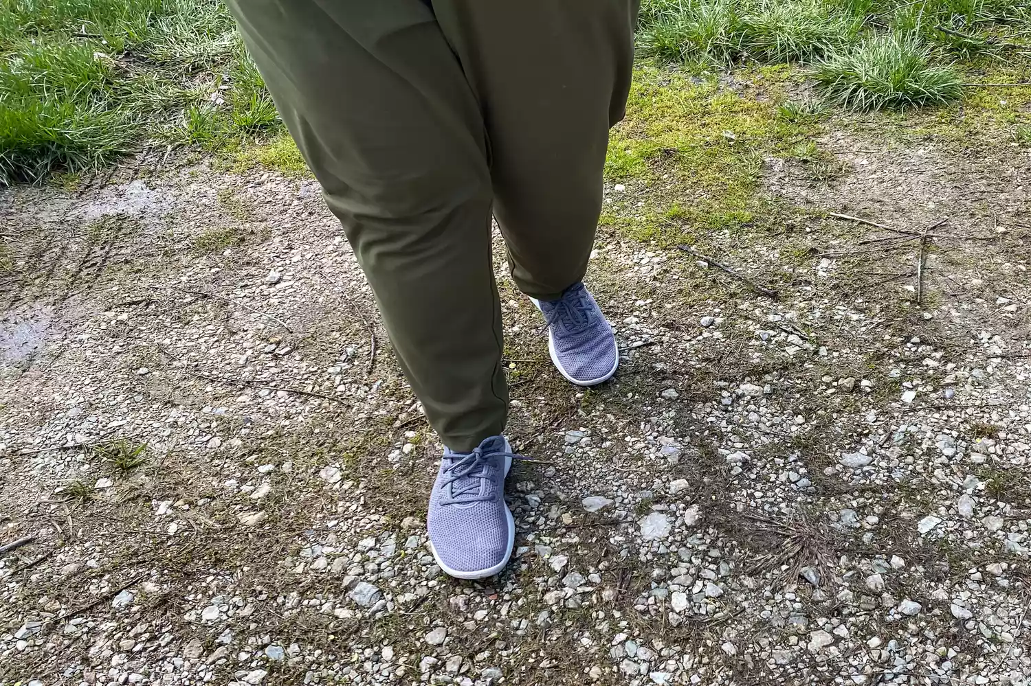 A person wearing the Allbirds Tree Runners outdoors