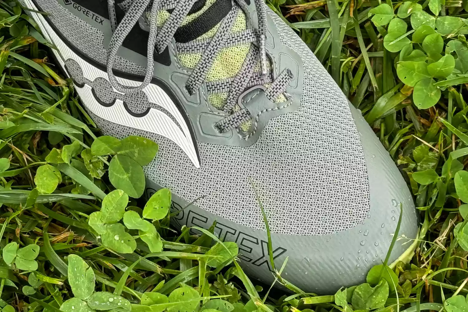 An overhead view of the toes on the Saucony Men's Peregrine 14 GTX Waterproof Running Shoes