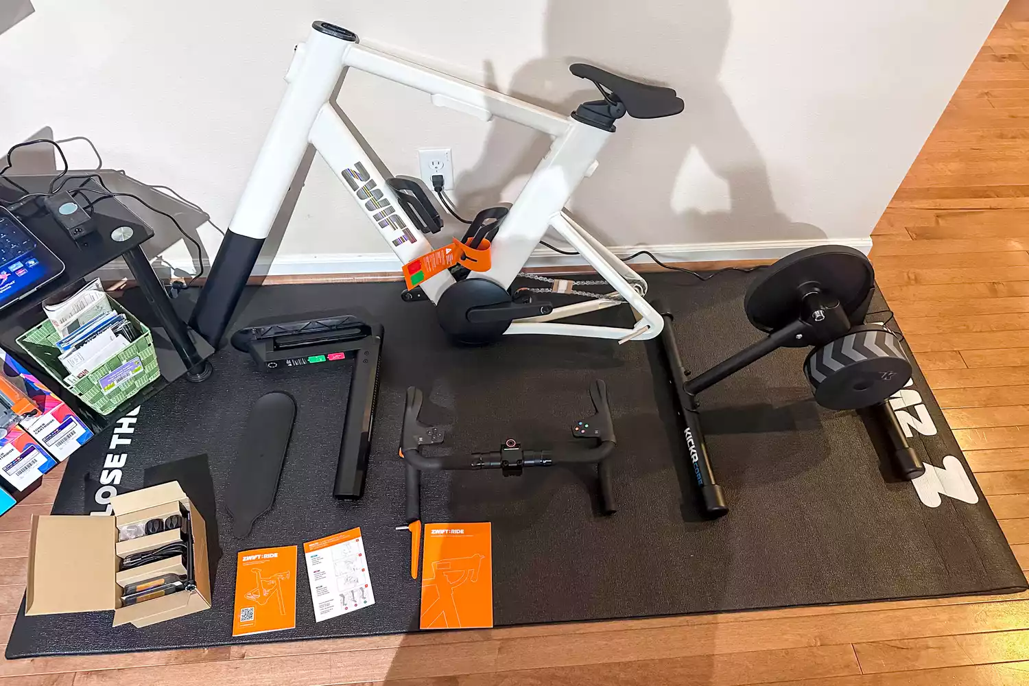 The pieces of the Zwift Ride with KICKR CORE before assembly
